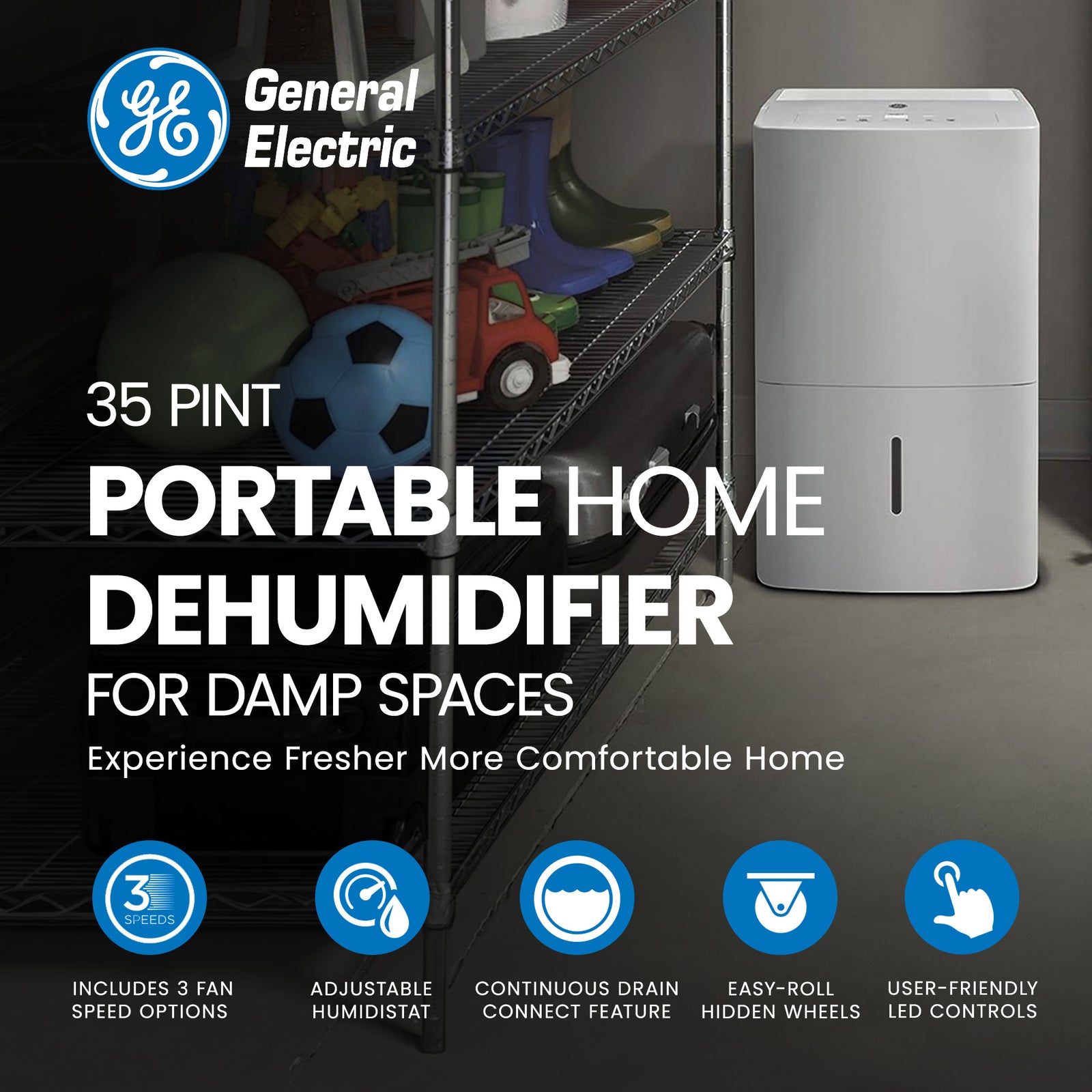 GE 35 Pint Portable Home Dehumidifier for Damp Spaces (Certified Refurbished) - VMInnovations