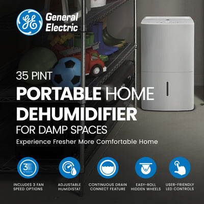 GE 35 Pint Portable Home Dehumidifier for Damp Spaces (Certified Refurbished)