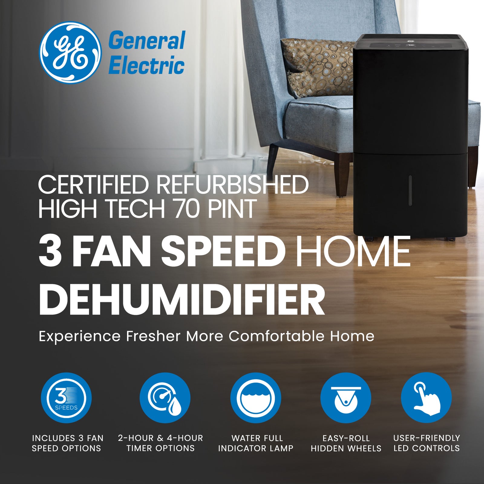 GE High Tech 70 Pint 3 Fan Speed Home Dehumidifier, Black (Refurbished) - VMInnovations
