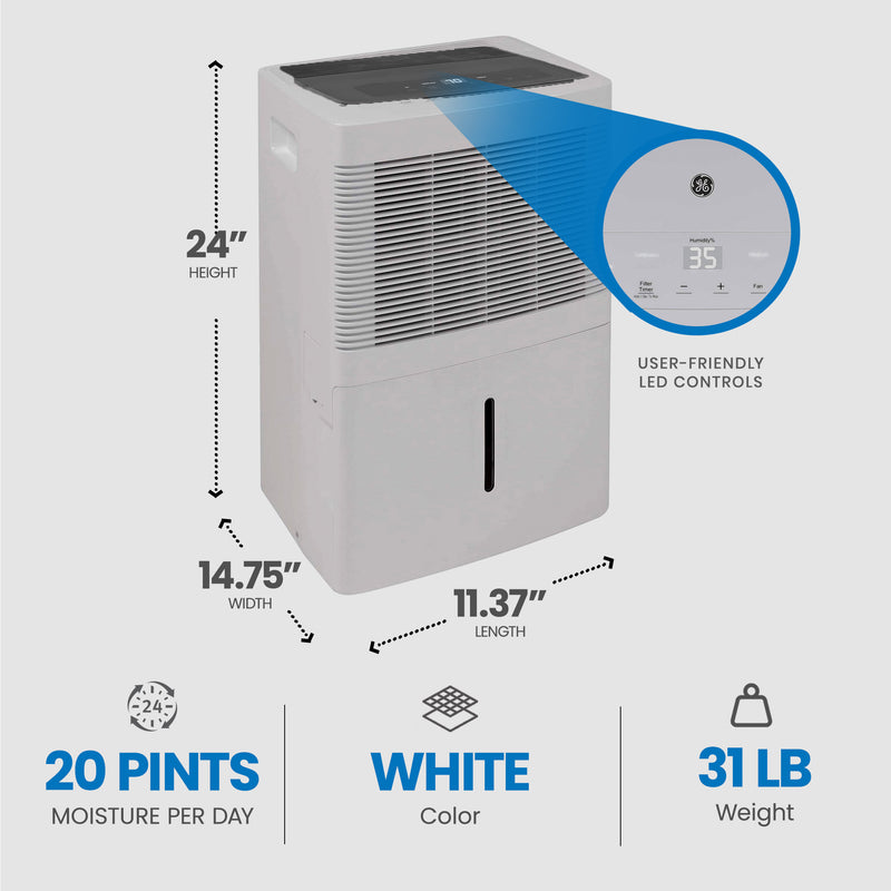 GE 20 Pint Home Dehumidifier for Very Damp Spaces, White (Refurbished)