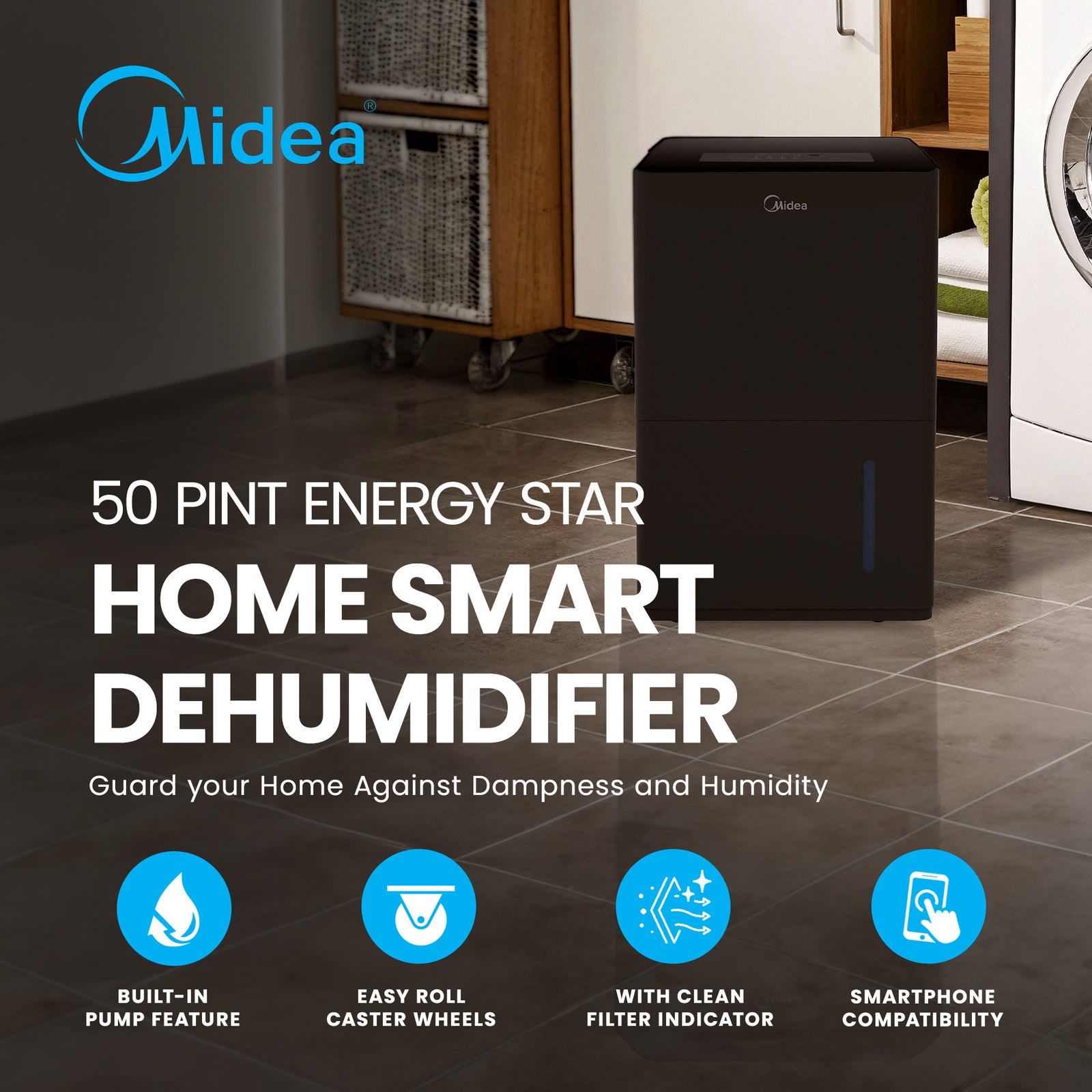 Midea 50 Pint Energy Star Smart Dehumidifier for Home, (Refurbished) - VMInnovations