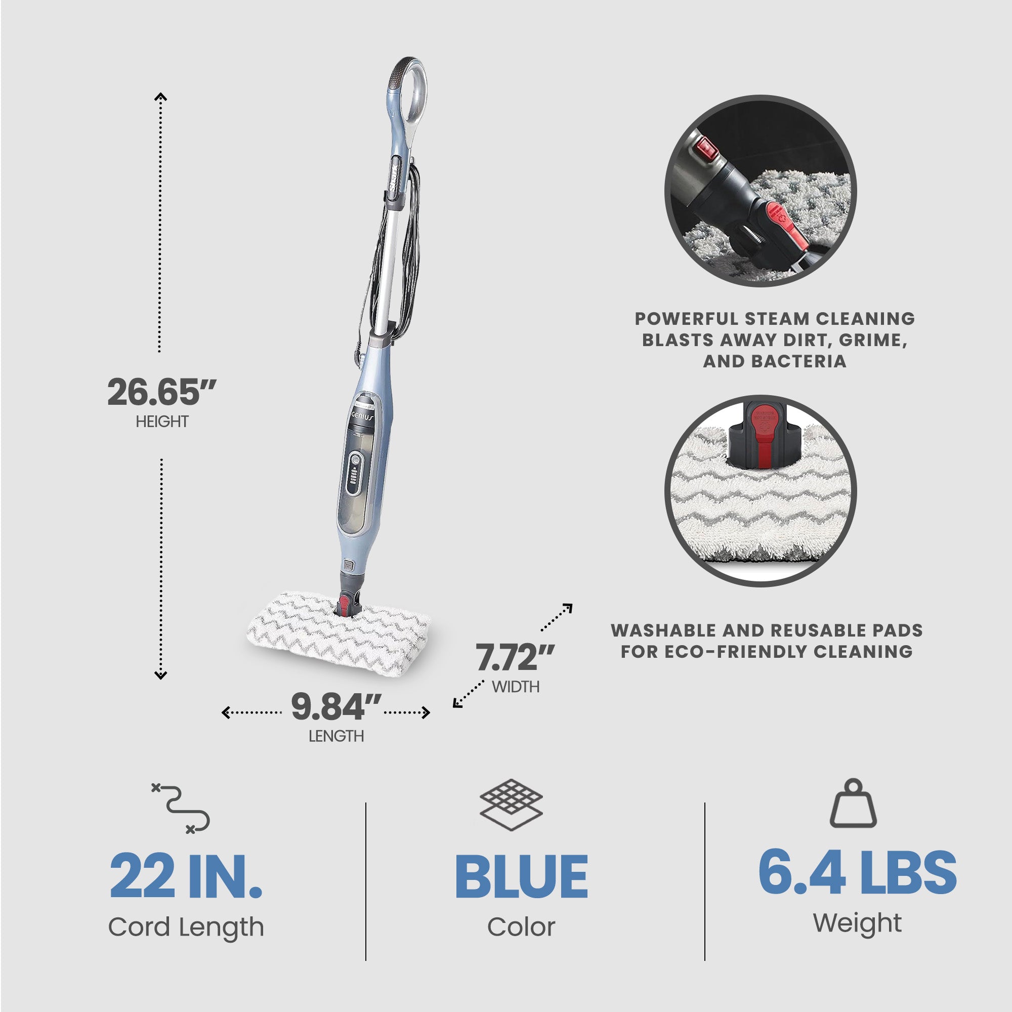 Shark Genius Steam Pocket Mop w/3 Control Settings, Blue (Certified Refurbished) - VMInnovations