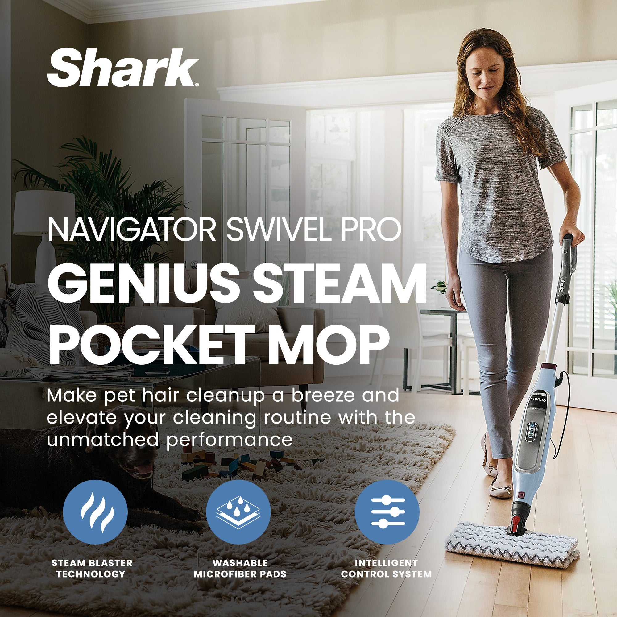Shark Genius Steam Pocket Mop w/3 Control Settings, Blue (Certified Refurbished) - VMInnovations