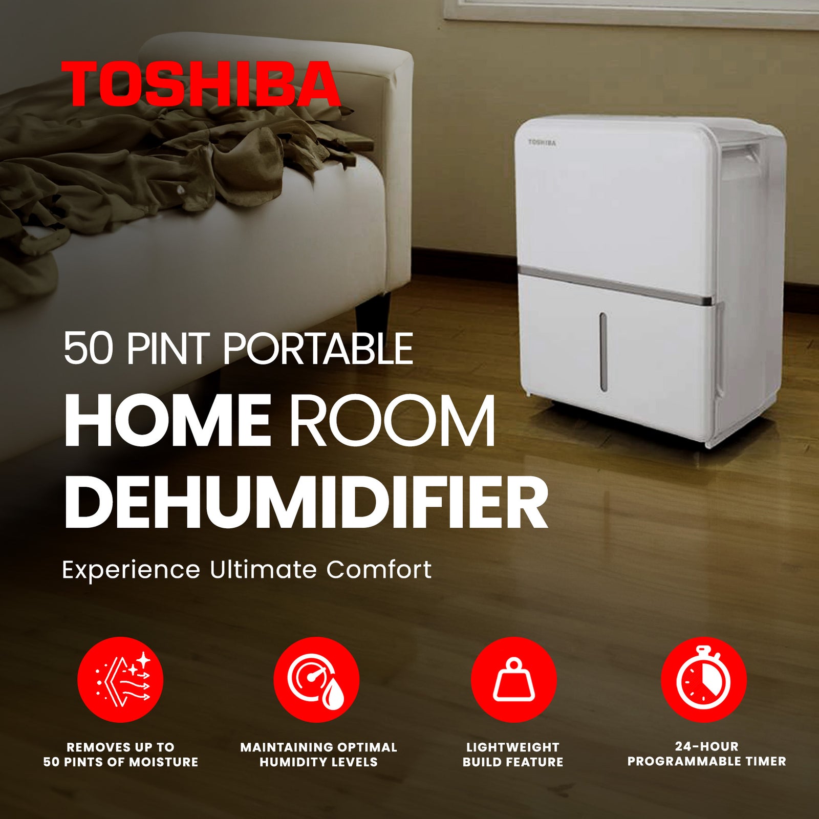 Toshiba 50 Pint Portable Home Room Dehumidifier, White (Certified Refurbished) - VMInnovations