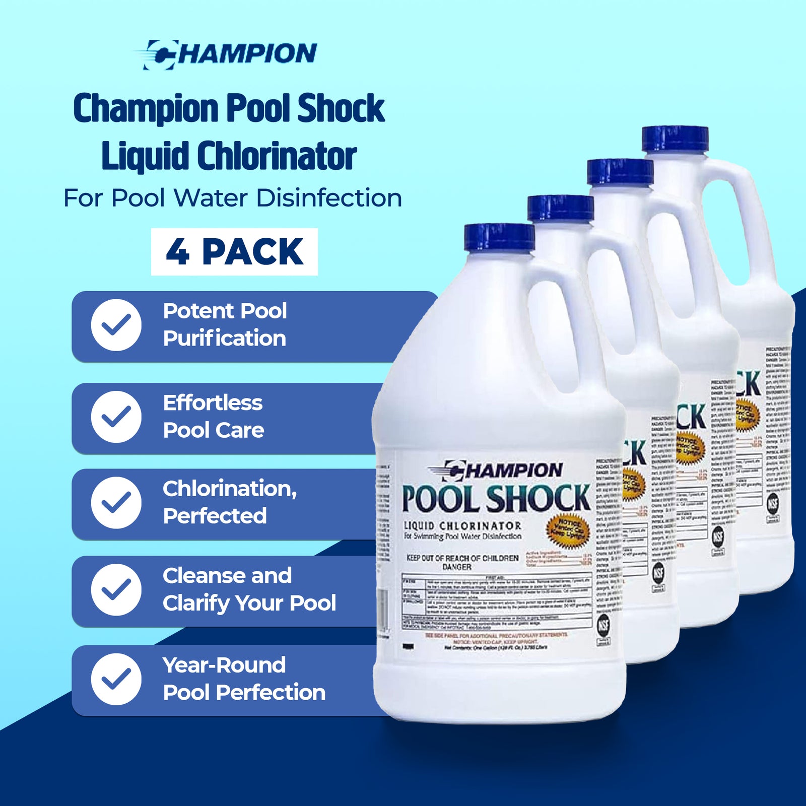 Champion Pool Shock Liquid Chlorinator for Pool Water Disinfection, (4 Pack) - VMInnovations