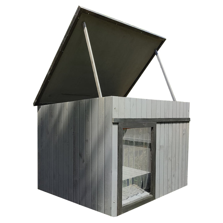 Rugged Ranch XL Dog House, Wood Outdoor Shelter w/ Hinged Roof & Removable Floor