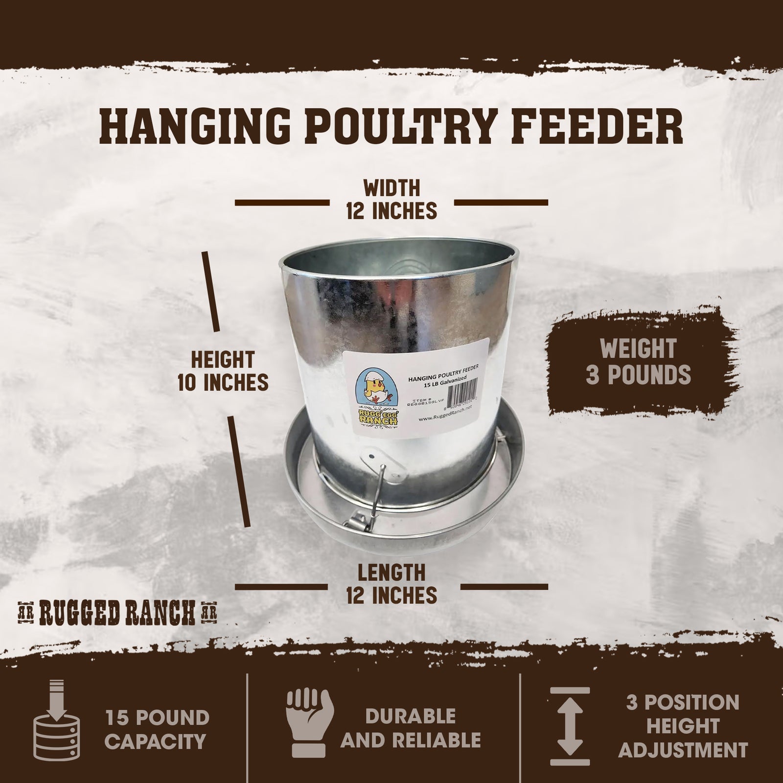 Rugged Ranch Products RuggEgg Ranch 15 Pound Hanging Galvanized Poultry Feeder - VMInnovations