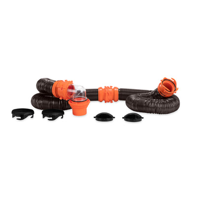 Camco RhinoFLEX 20’ RV Sewer Hose Kit w/ Removable 4 in 1 Adapter, Black/Orange