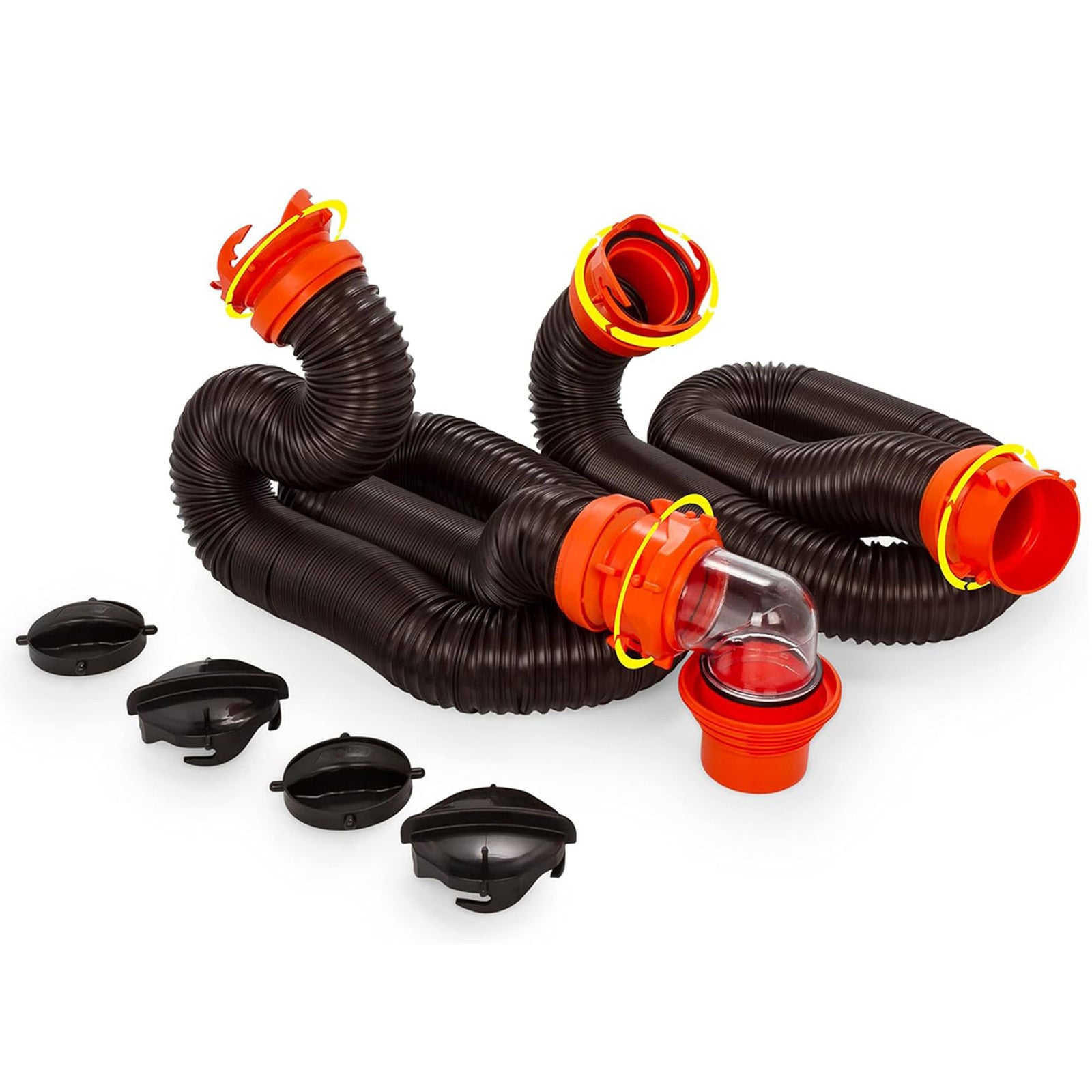 Camco RhinoFLEX 20’ RV Sewer Hose Kit w/ Removable 4 in 1 Adapter, Black/Orange - VMInnovations