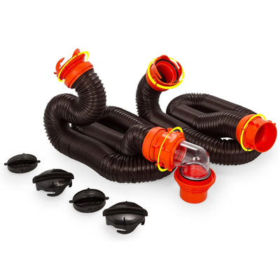 Camco RhinoFLEX 20’ RV Sewer Hose Kit w/ Removable 4 in 1 Adapter, Black/Orange