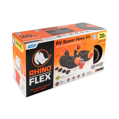 Camco RhinoFLEX 20’ RV Sewer Hose Kit w/ Removable 4 in 1 Adapter, Black/Orange