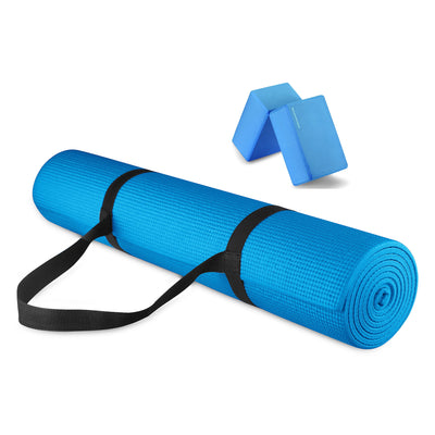 Signature Fitness All Purpose High Density No Tear Exercise Mat w/Strap, Blue