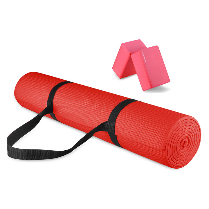 Signature All Purpose High Density No Tear Exercise Mat w/Strap, Red(Open Box)