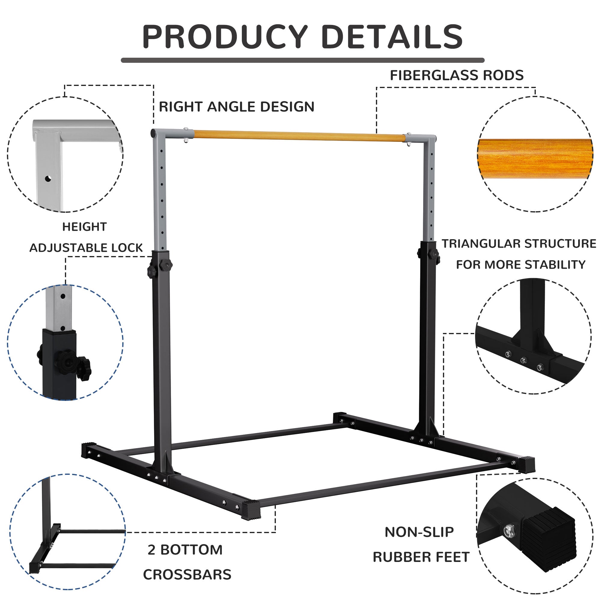 Signature Fitness Adjustable Steel Gymnastics Bar, Ages 3 & Up, Black (Open Box) - VMInnovations