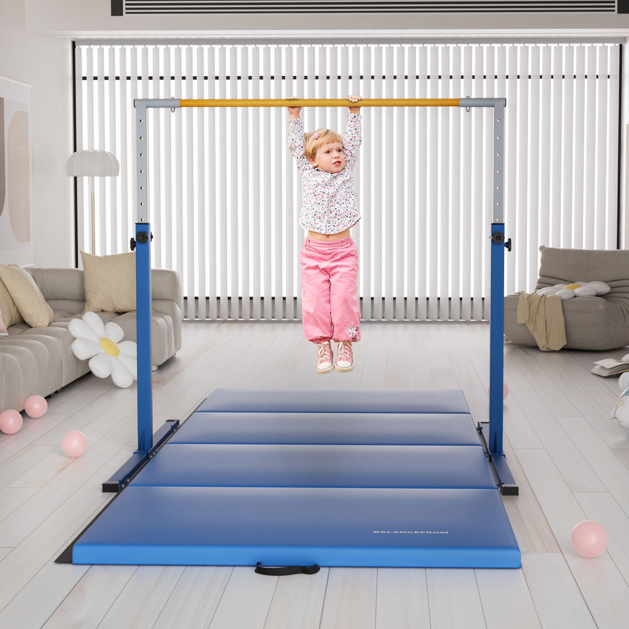Signature Fitness Adjustable Folding Steel Gymnastics Bar, for Ages 3 & Up, Blue - VMInnovations