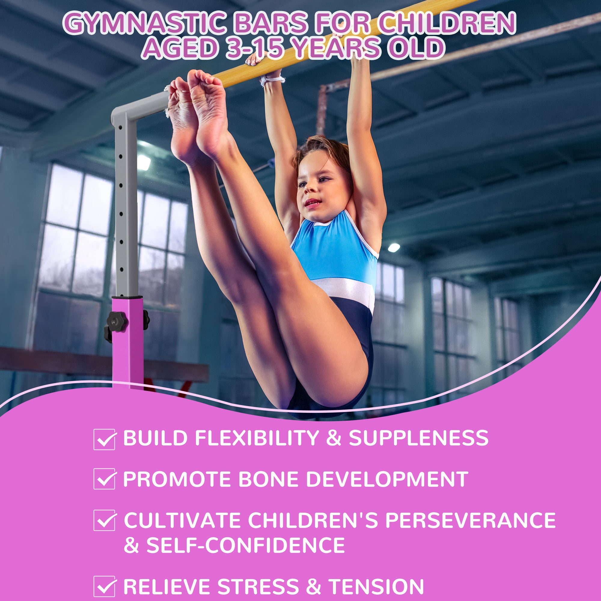 Signature Fitness Adjustable Folding Steel Gymnastics Bar, for Ages 3 & Up, Pink - VMInnovations