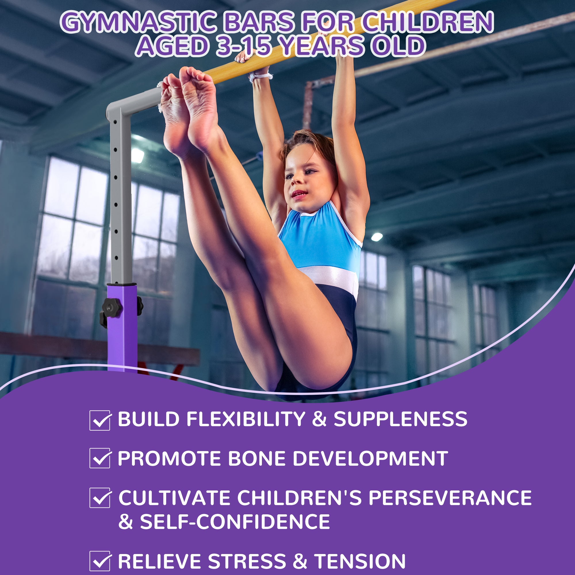 Signature Fitness Adjustable Folding Steel Gymnastics Bar, Ages 3 & Up, Purple - VMInnovations
