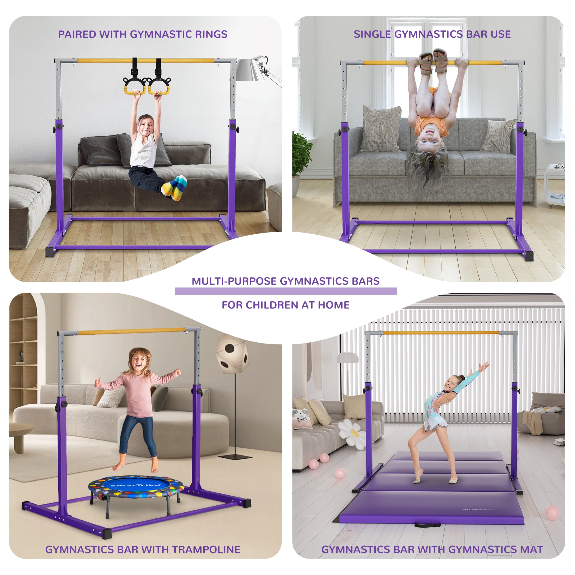 Signature Fitness Adjustable Folding Steel Gymnastics Bar, Ages 3 & Up, Purple - VMInnovations