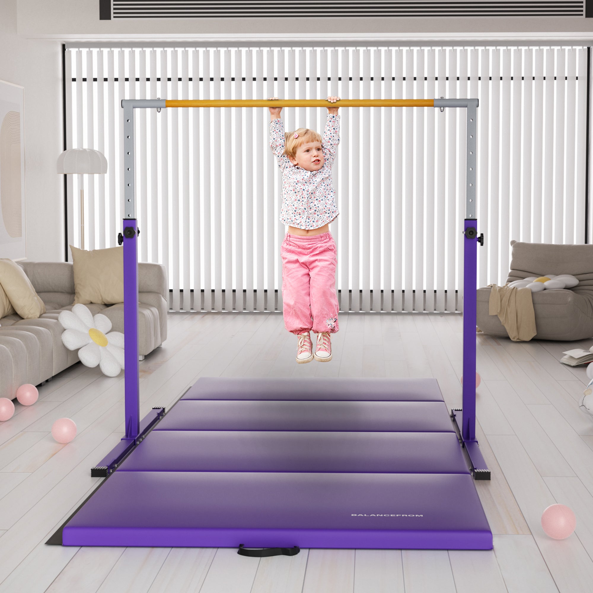 Signature Fitness Adjustable Folding Steel Gymnastics Bar, Ages 3 & Up, Purple - VMInnovations