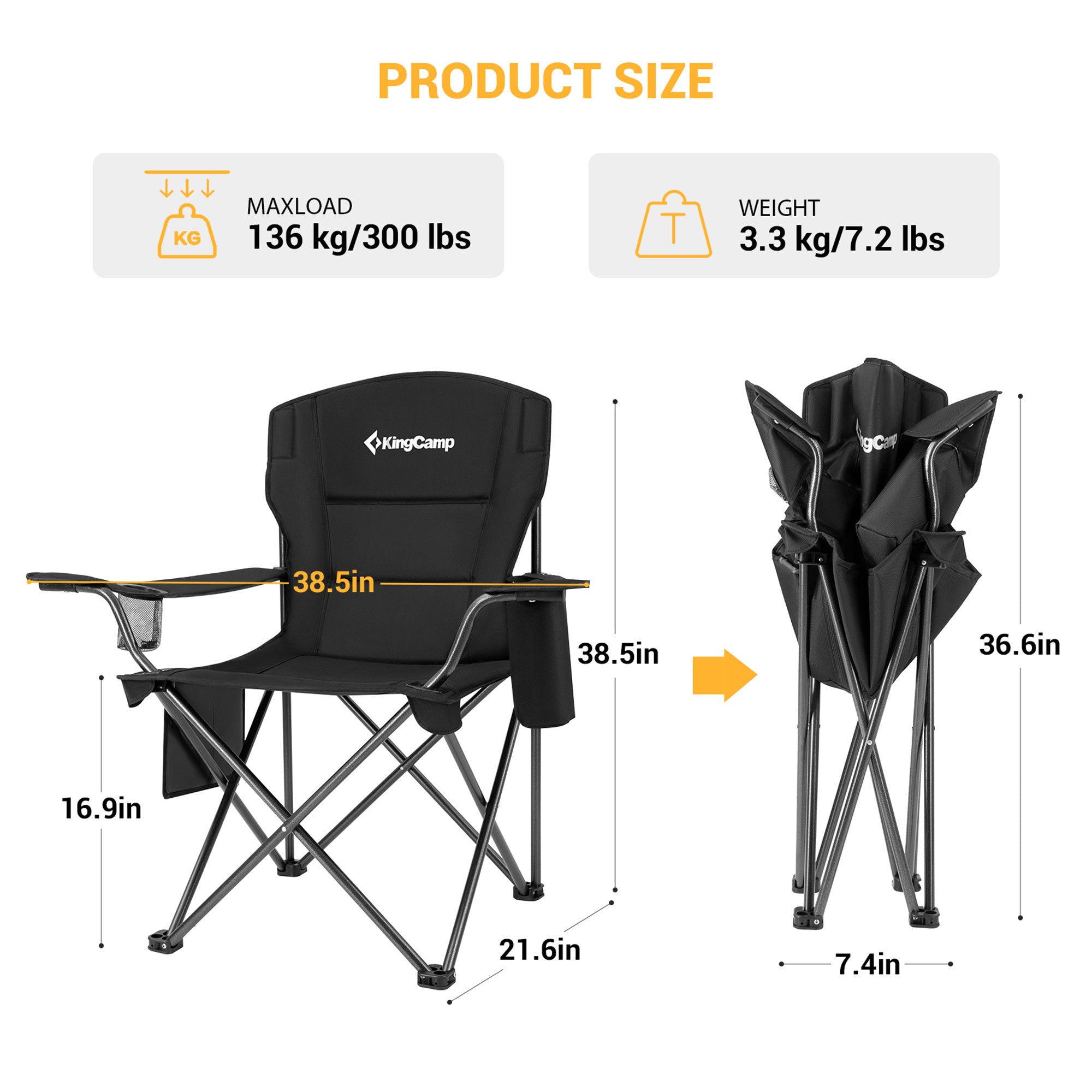 KingCamp Padded Folding Chair with Cupholder, Cooler, & Pocket, Black (Open Box) - VMInnovations