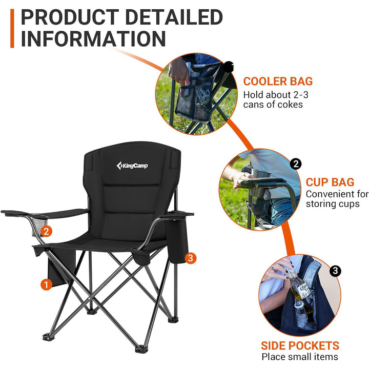 KingCamp Padded Oversized Folding Chair with Cupholder, Cooler, & Pocket, Black