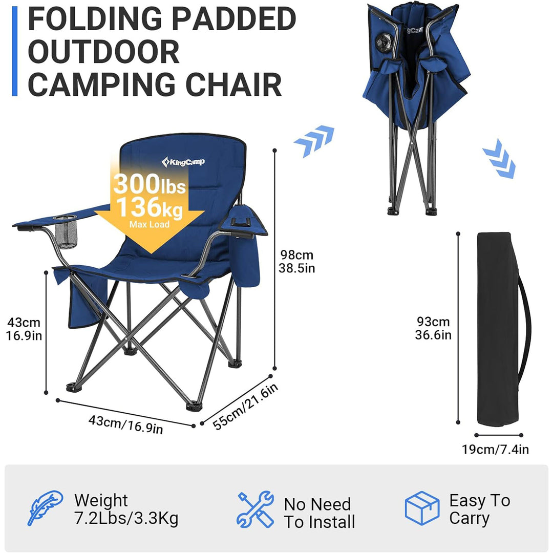 KingCamp Padded Oversized Folding Chair with Cupholder, Cooler, and Pocket, Blue