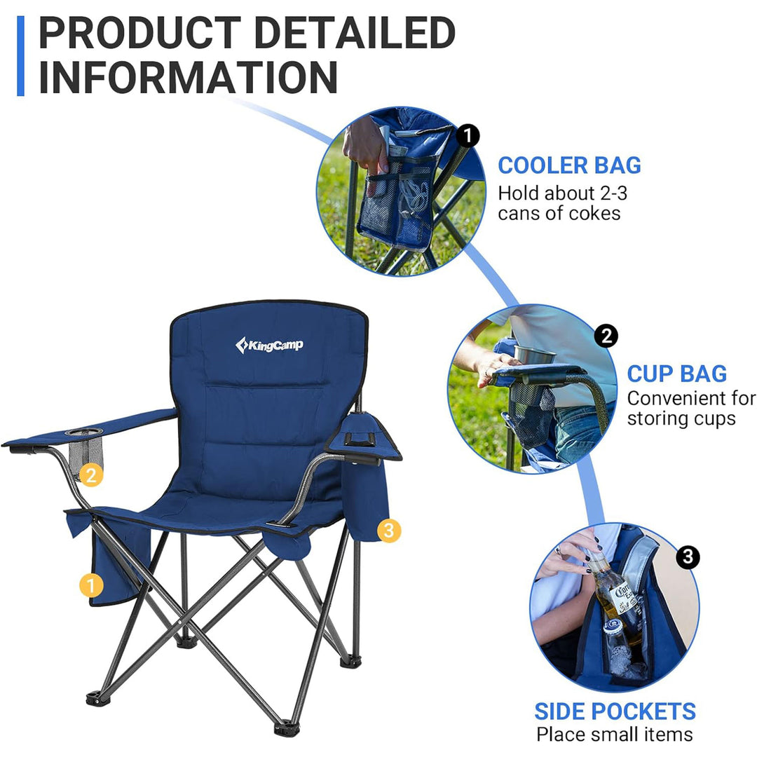 KingCamp Padded Oversized Folding Chair with Cupholder, Cooler, and Pocket, Blue