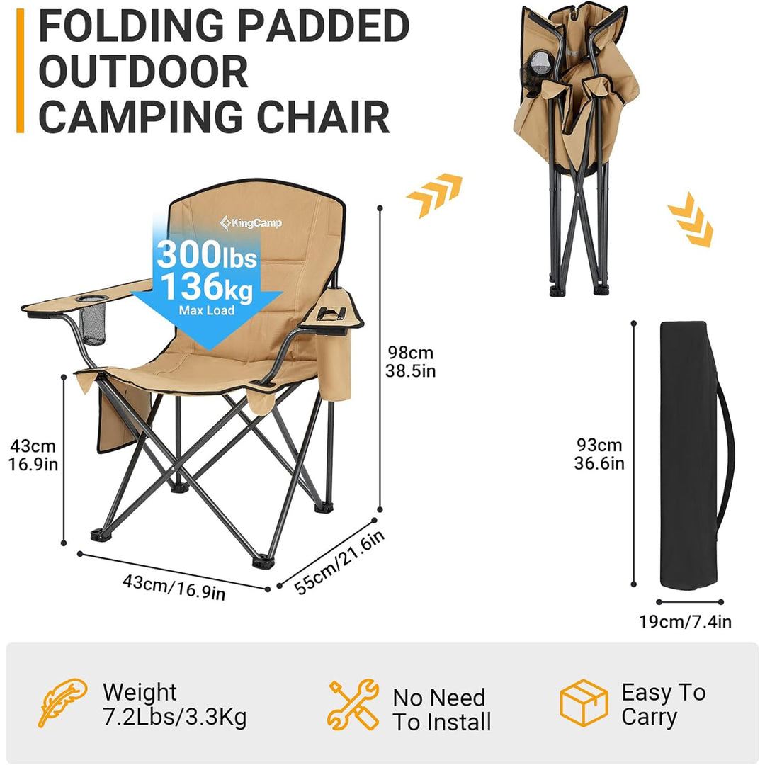 KingCamp Padded Oversized Folding Chair with Cupholder, Cooler, & Pocket, Khaki