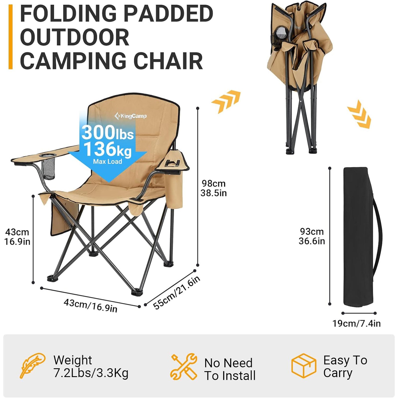KingCamp Padded Oversized Folding Chair with Cupholder, Cooler, & Pocket, Khaki - VMInnovations