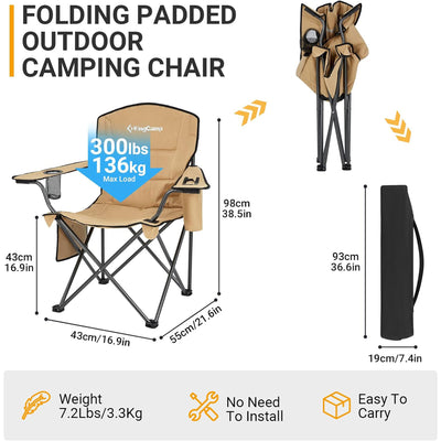 KingCamp Padded Oversized Folding Chair with Cupholder, Cooler, & Pocket, Khaki