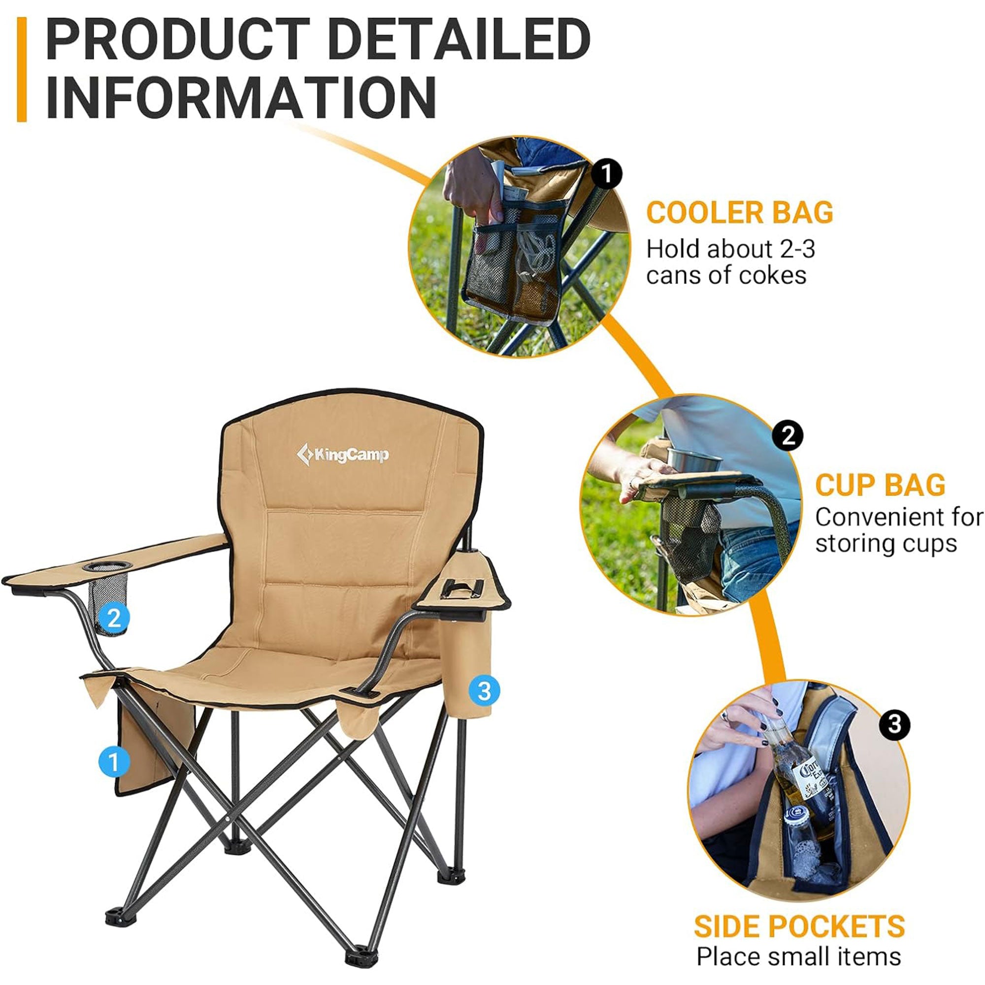 KingCamp Padded Folding Chair with Cupholder, Cooler, & Pocket, Khaki (Used) - VMInnovations