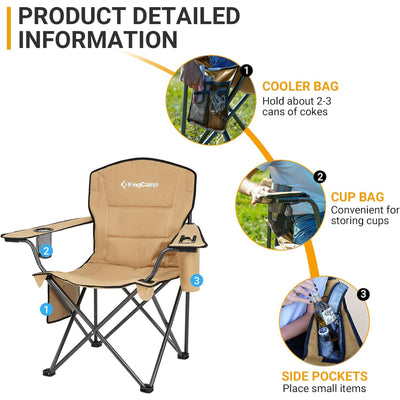 KingCamp Padded Folding Chair with Cupholder, Cooler, & Pocket, Khaki (Used) - VMInnovations