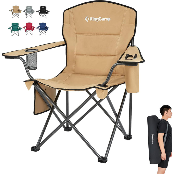 KingCamp Padded Oversized Folding Chair with Cupholder, Cooler, & Pocket, Khaki