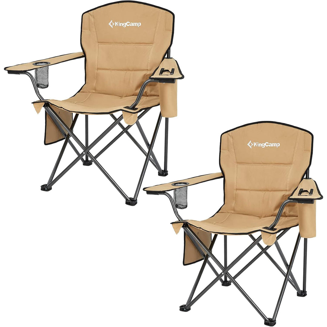 KingCamp Padded Folding Chair with Cupholder, Cooler, and Pocket, Khaki (2 Pack)