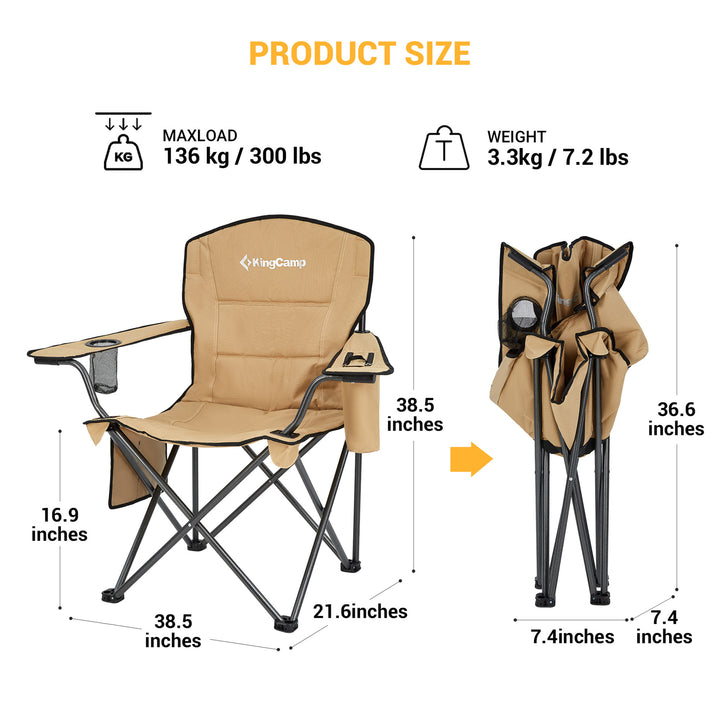 KingCamp Padded Folding Chair with Cupholder, Cooler, and Pocket, Khaki (2 Pack)