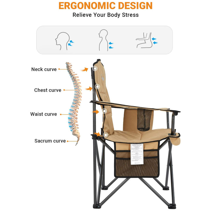 KingCamp Padded Folding Chair with Cupholder, Cooler, and Pocket, Khaki (2 Pack)