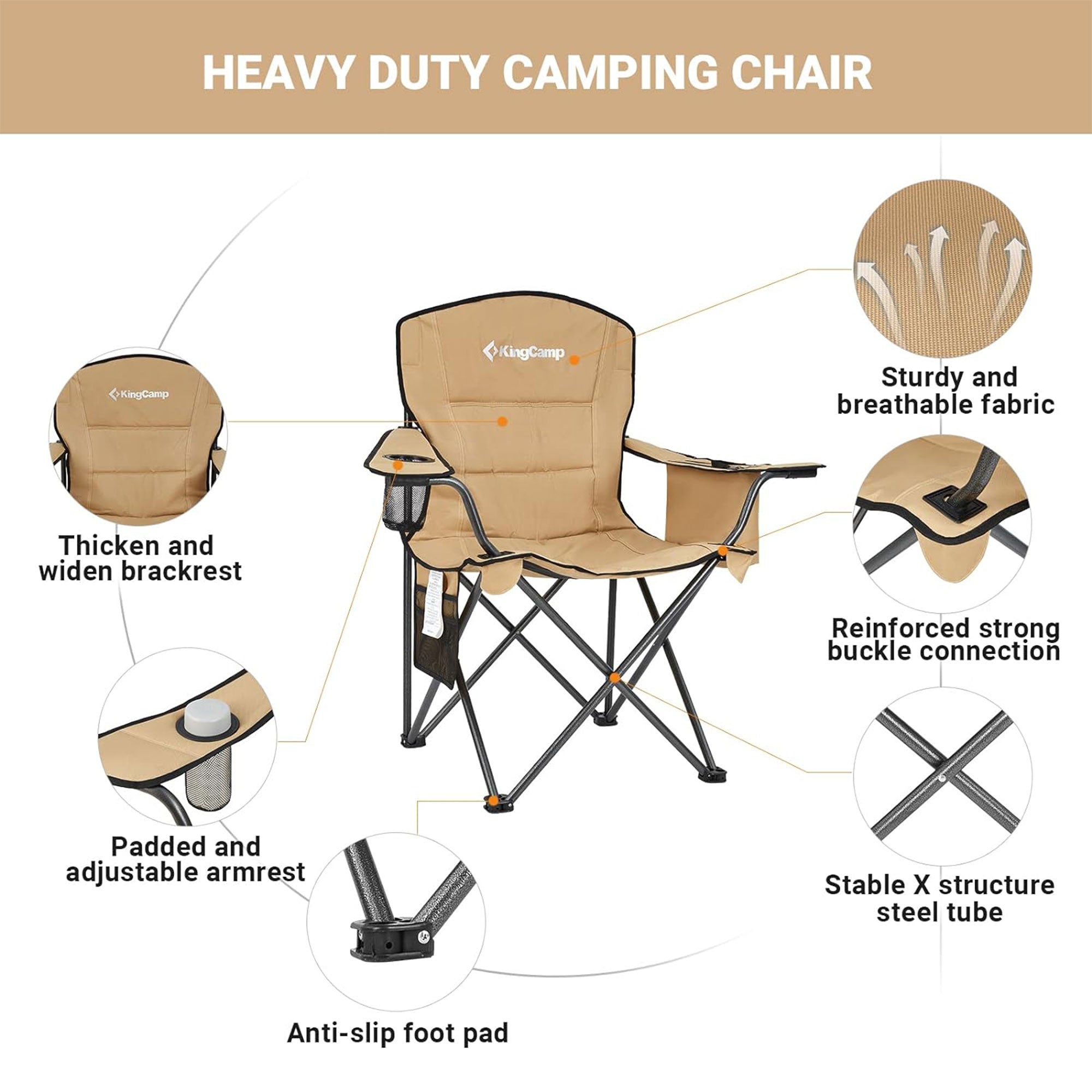 KingCamp Padded Chair w/Cupholder, Cooler, & Pocket, Khaki (2pk) (Open Box) - VMInnovations