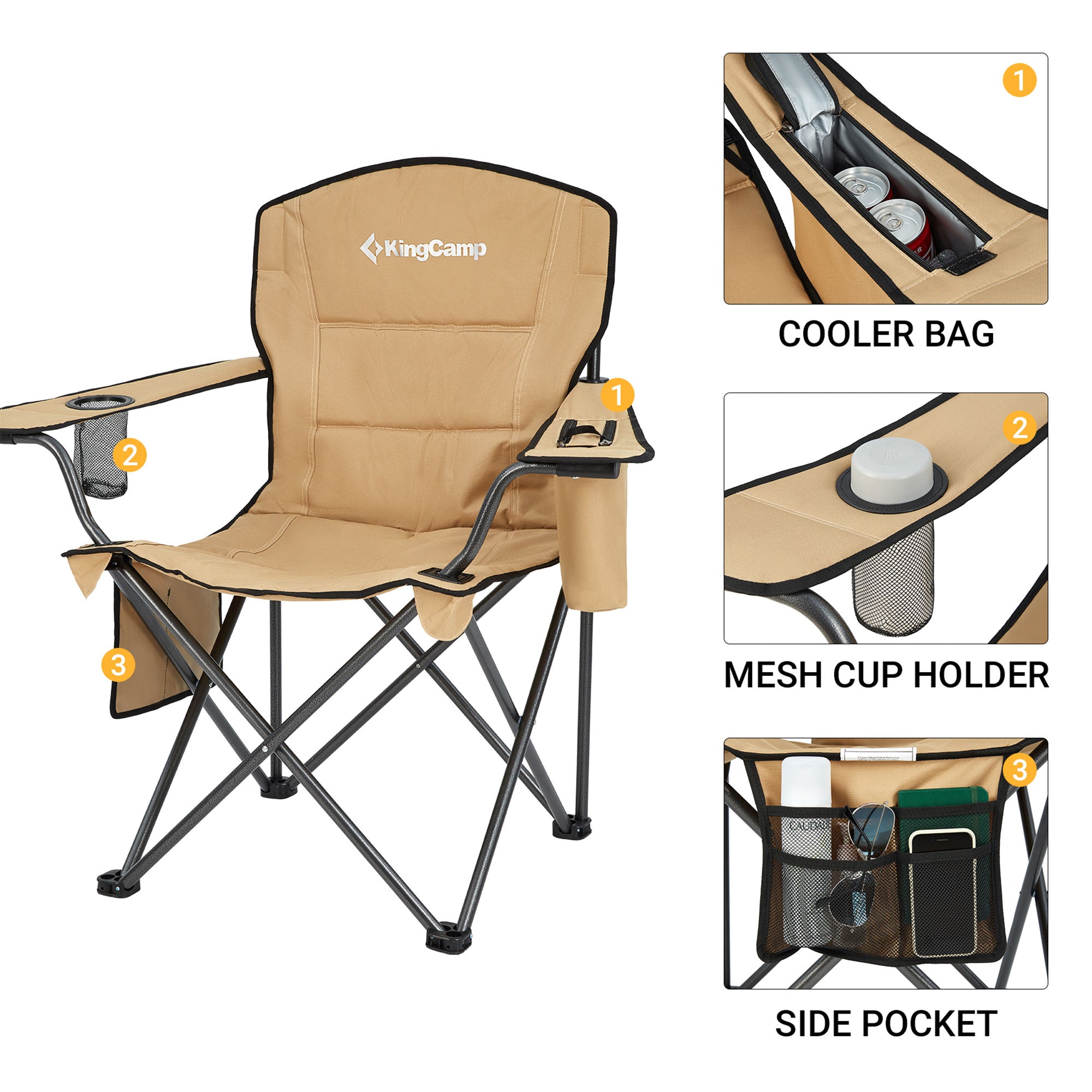 KingCamp Padded Chair w/Cupholder, Cooler, & Pocket, Khaki (2pk) (Open Box) - VMInnovations
