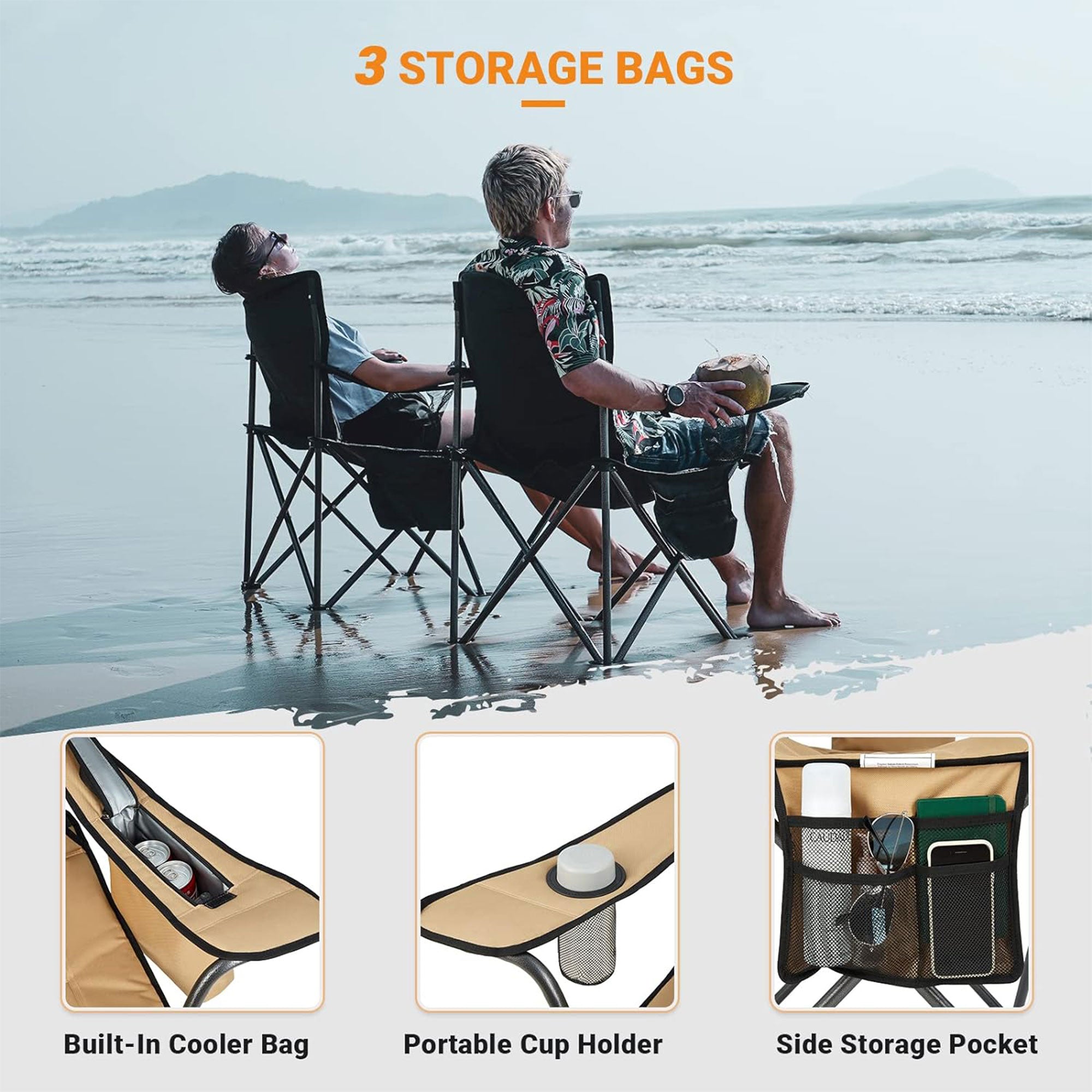 KingCamp Padded Chair w/Cupholder, Cooler, & Pocket, Khaki (2pk) (Open Box) - VMInnovations