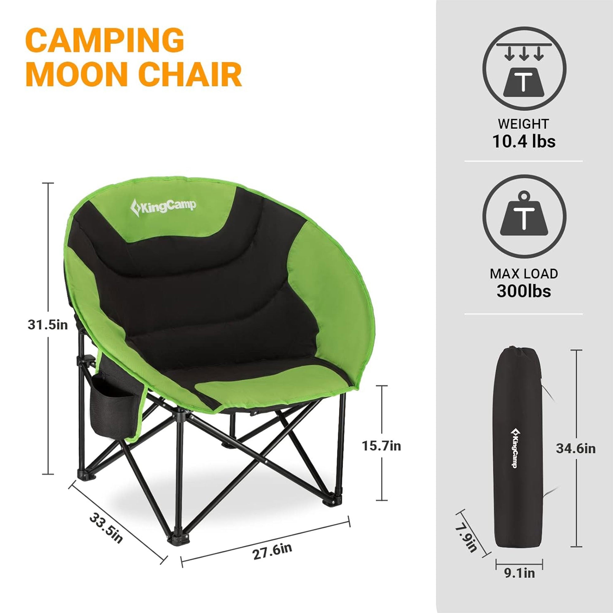 KingCamp Foldable Camping Lounge Chair w/ Cupholder, Black/Green (Open Box)