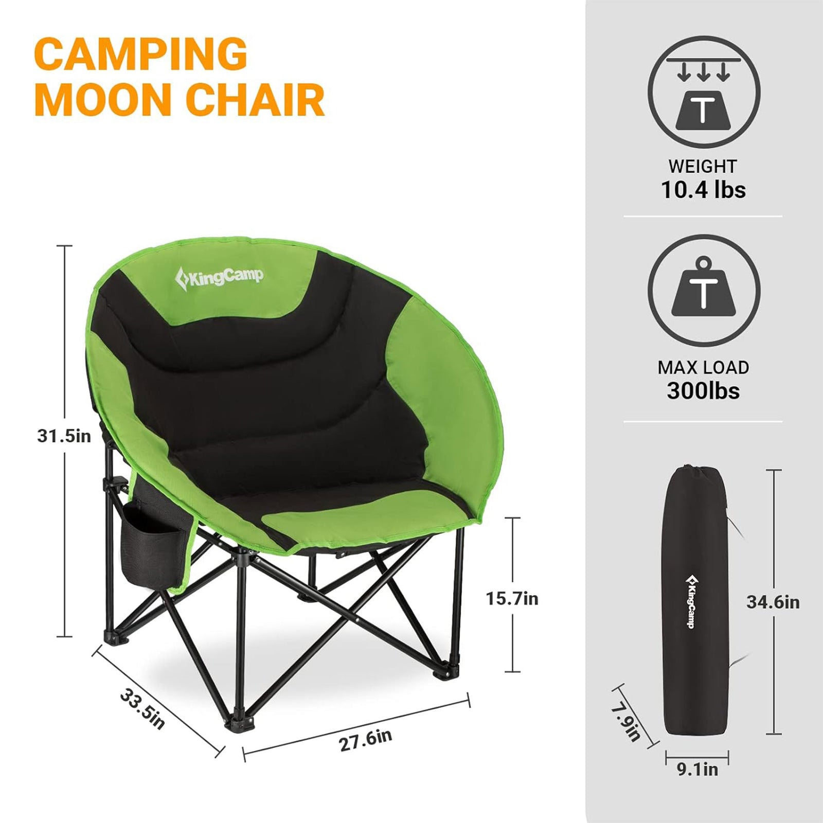 KingCamp Foldable Camping Lounge Chair w/ Cupholder, Black/Green (Open Box) - VMInnovations