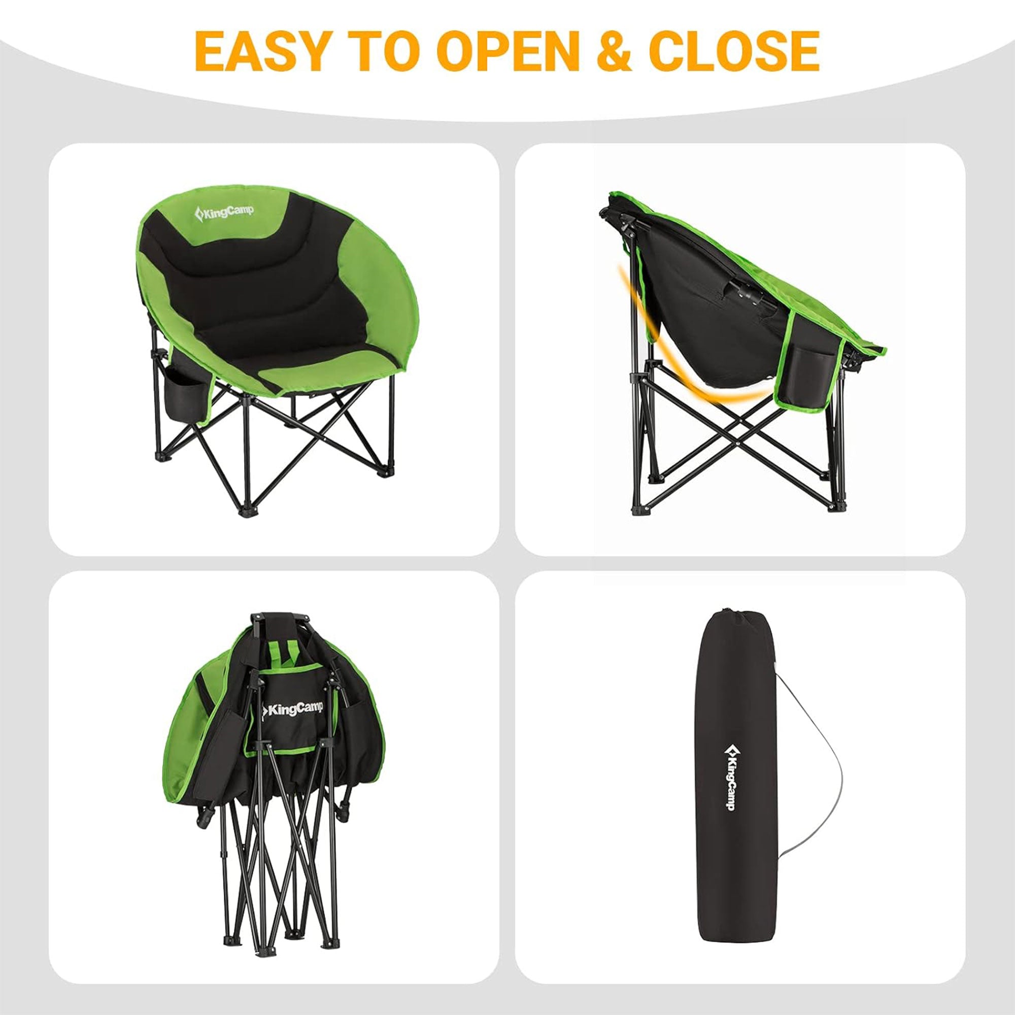 KingCamp Foldable Camping Lounge Chair w/ Cupholder, Black/Green (Open Box) - VMInnovations