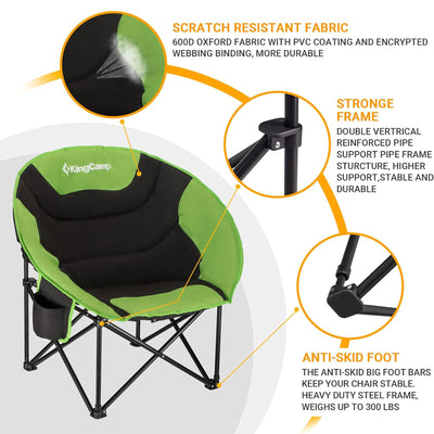 KingCamp Foldable Saucer Camping Lounge Chair w/ Cupholder Storage, Black/Green