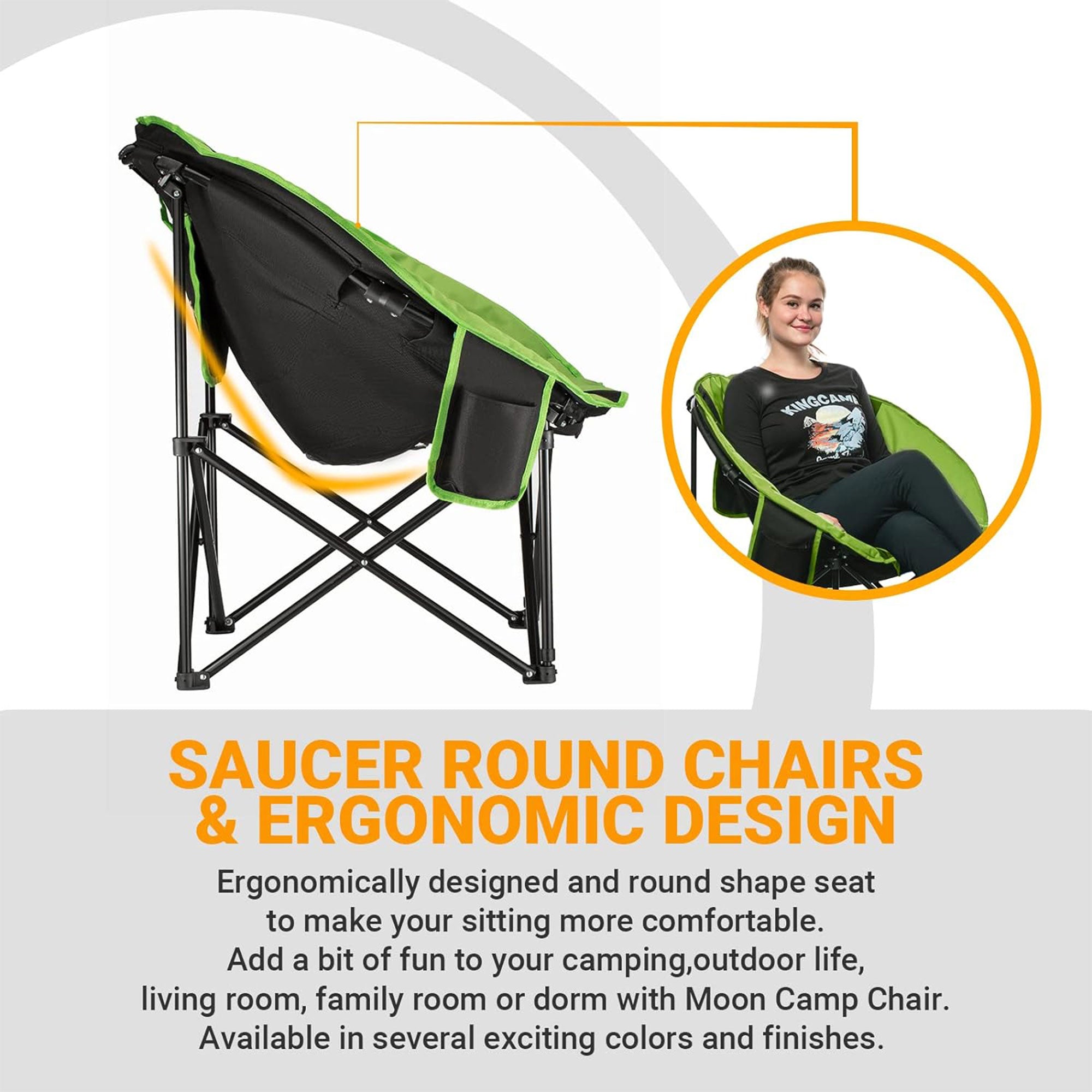 KingCamp Foldable Camping Lounge Chair w/ Cupholder, Black/Green (Open Box) - VMInnovations