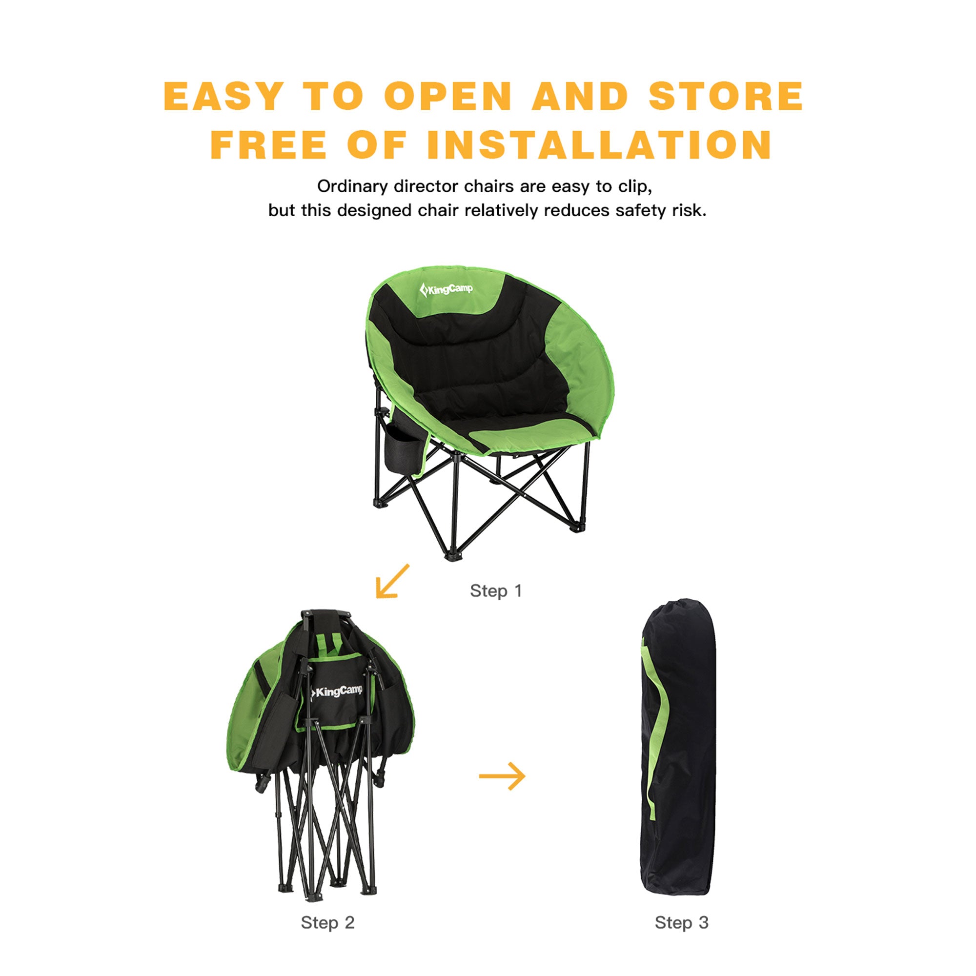 KingCamp Foldable Camping Lounge Chair w/ Cupholder, Black/Green (Open Box) - VMInnovations