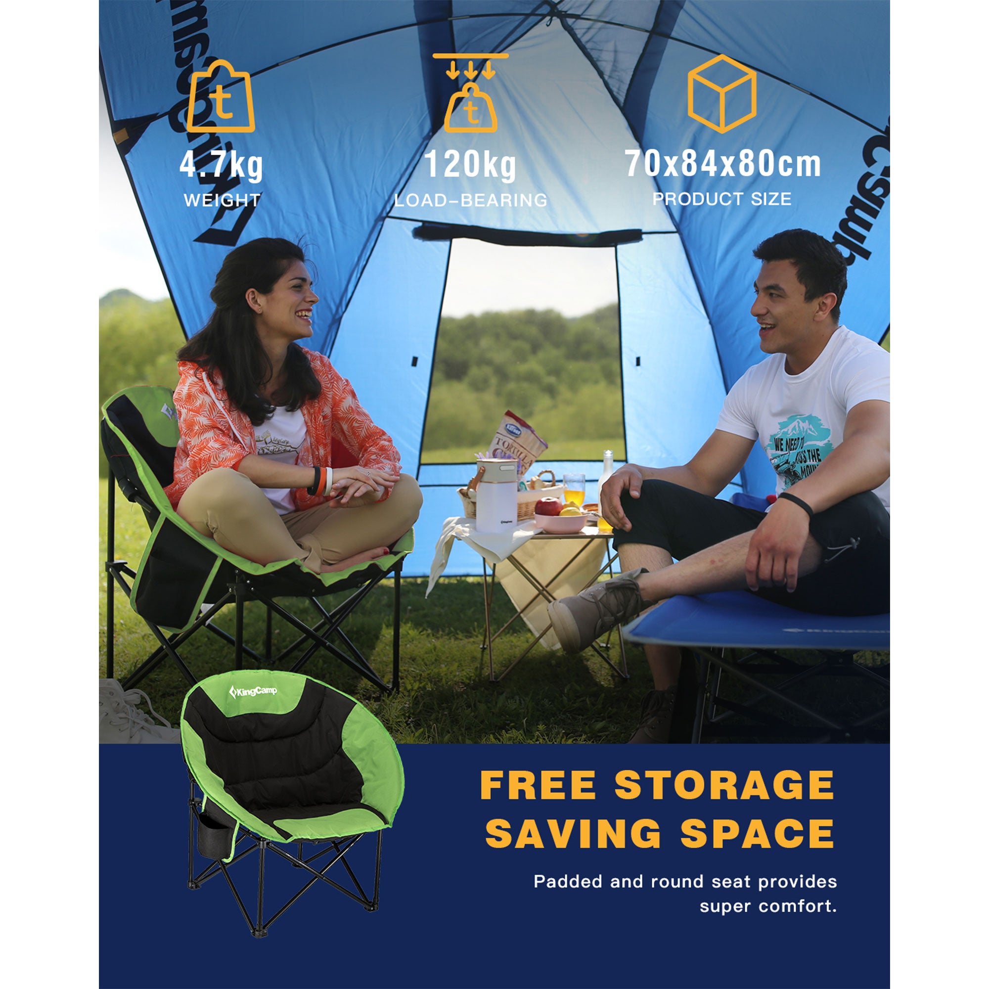 KingCamp Foldable Camping Lounge Chair w/ Cupholder Storage, Black/Green (Used) - VMInnovations