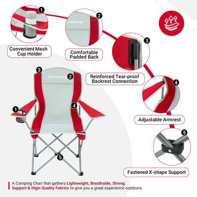 KingCamp Lightweight Folding Outdoor Camping Chair with Cupholder, Red/Gray