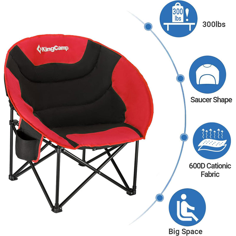 KingCamp Foldable Saucer Camping Lounge Chair w/ Cupholder Storage, Black/Red