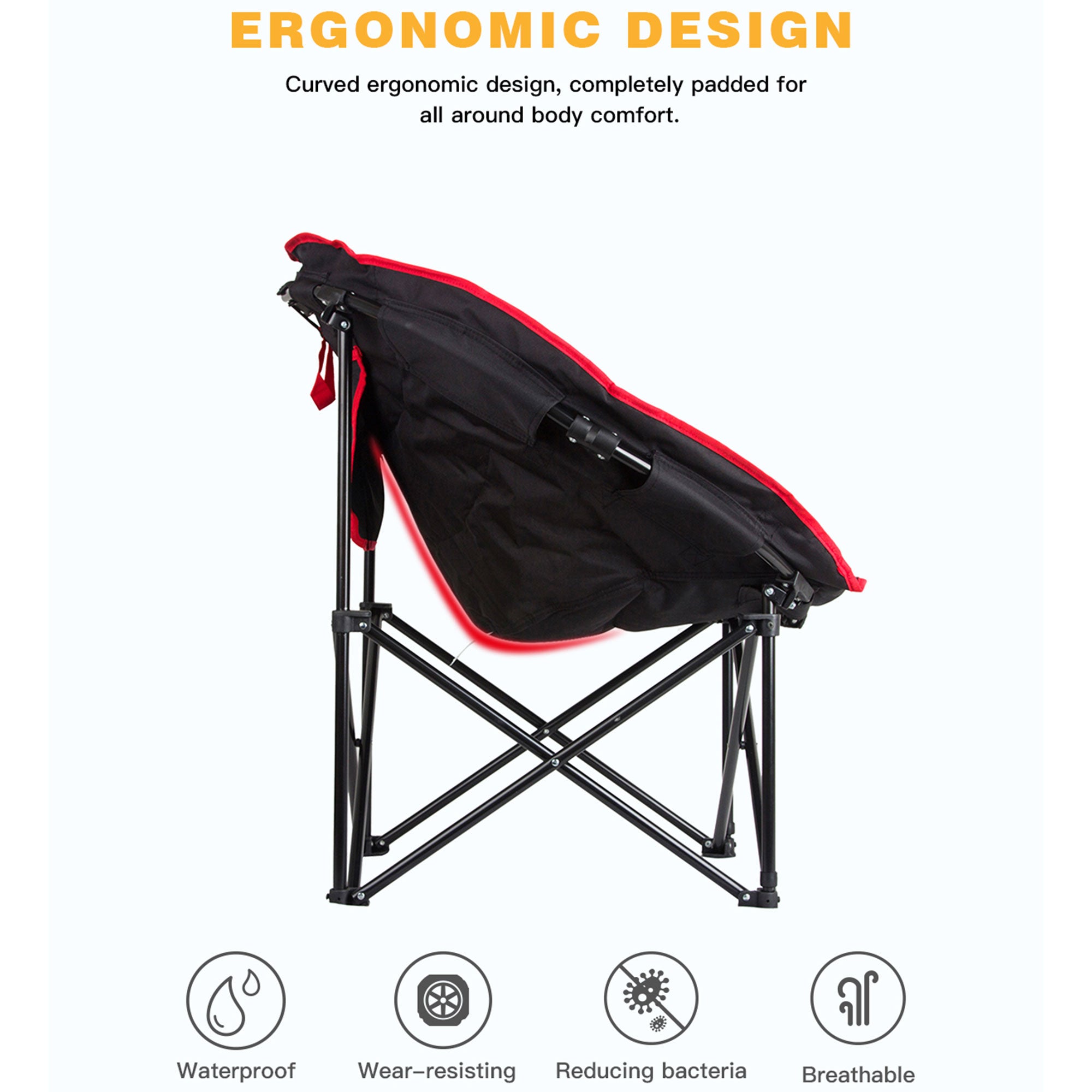 KingCamp Foldable Saucer Lounge Chair w/ Cupholder Storage, Black/Red (Open Box)