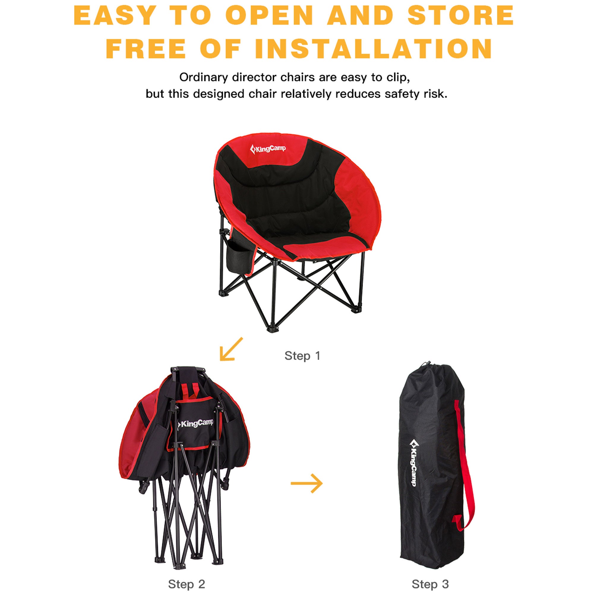 KingCamp Foldable Saucer Lounge Chair w/ Cupholder Storage, Black/Red (Open Box) - VMInnovations